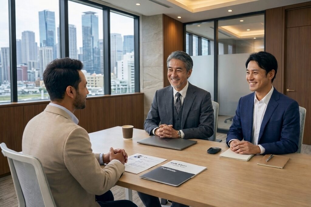 面接　会社　ビジネスマン